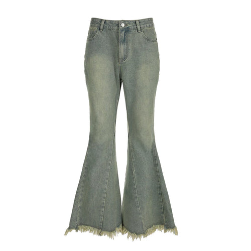 Load image into Gallery viewer, Y2K Streetwear Slim Tassel Distressed Flared Jeans Women Vintage Burr 2000s Aesthetic Denim Trousers Korean Capris
