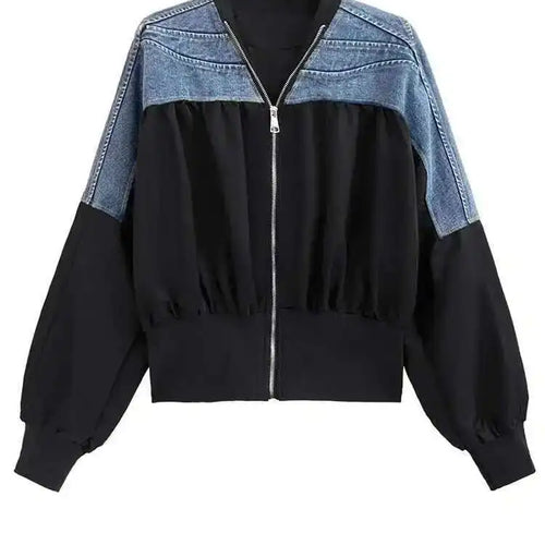 Load image into Gallery viewer, Black Denim Color-block Big Size Casual Jacket New V-neck Long Sleeve Women Coat Fashion Tide Spring Autumn 2025 1DH1842
