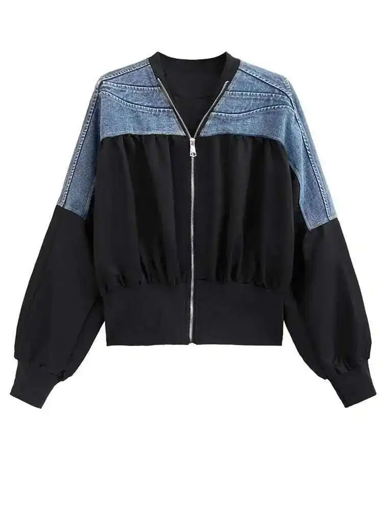 Black Denim Color-block Big Size Casual Jacket New V-neck Long Sleeve Women Coat Fashion Tide Spring Autumn 2025 1DH1842