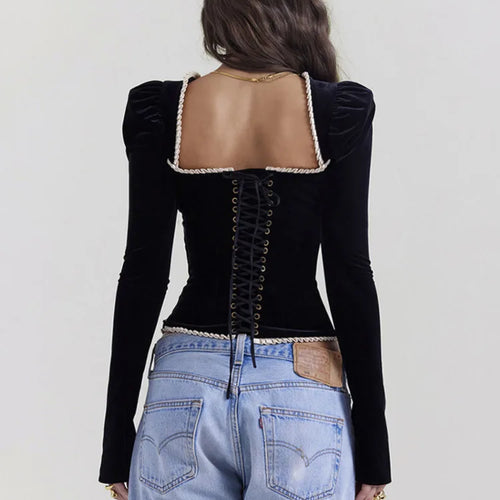 Load image into Gallery viewer, Square Collar Backless Bandage Sexy T-shirt Women Autumn Winter New Black Shoulder Pad Sleeve Skinny Sexy Party Tops

