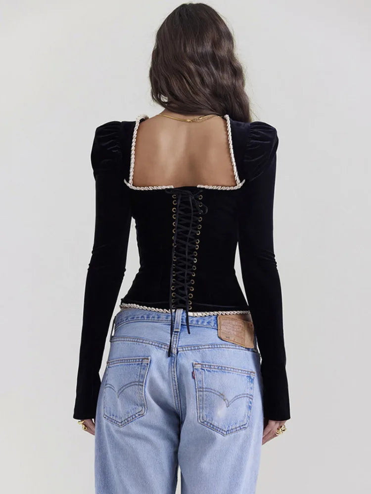 Square Collar Backless Bandage Sexy T-shirt Women Autumn Winter New Black Shoulder Pad Sleeve Skinny Sexy Party Tops