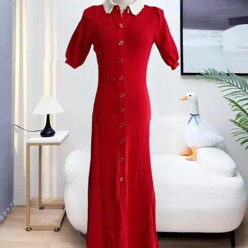 Load image into Gallery viewer, French Fashion Women Black Doll Collar Single Breasted Knitted Dress Spring Summer Red Elegant Short Sleeves Holiday Long Dress
