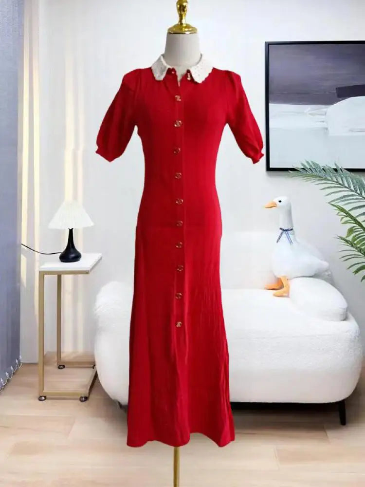 French Fashion Women Black Doll Collar Single Breasted Knitted Dress Spring Summer Red Elegant Short Sleeves Holiday Long Dress