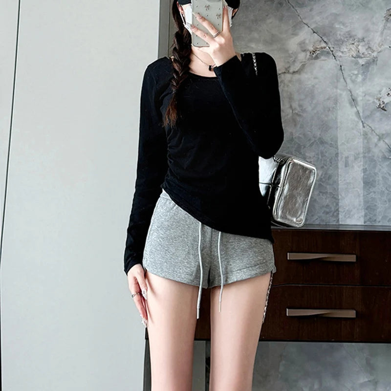 Women y2k Tops 2000s Aesthetic Clothes Solid Color Round Neck Long Sleeve Asymmetrical Hem Tee Shirts Casual Streetwear