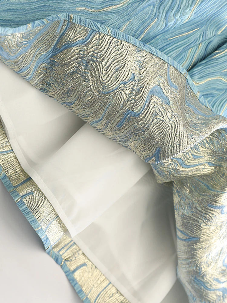 High Elastic Waist Blue Jacquard Textured Pleated A-line Half-body Skirt Women Fashion Tide New Spring Autumn 2025 1DJ1141