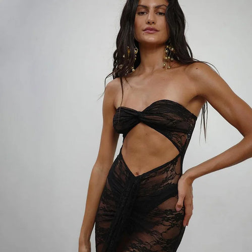 Load image into Gallery viewer, Lace See Through Strapless Sexy Maxi Dress For Women Gown Halter Hollow Out Sleeveless Backless High Split Long Dress
