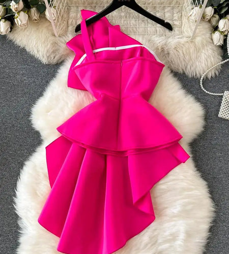 Pink Asymmetry Strapless Zipper Pleated Party Tops Women Sleeveless Ruffles Irregular 2023 Summer Elegant Slim Evening Gowns Top