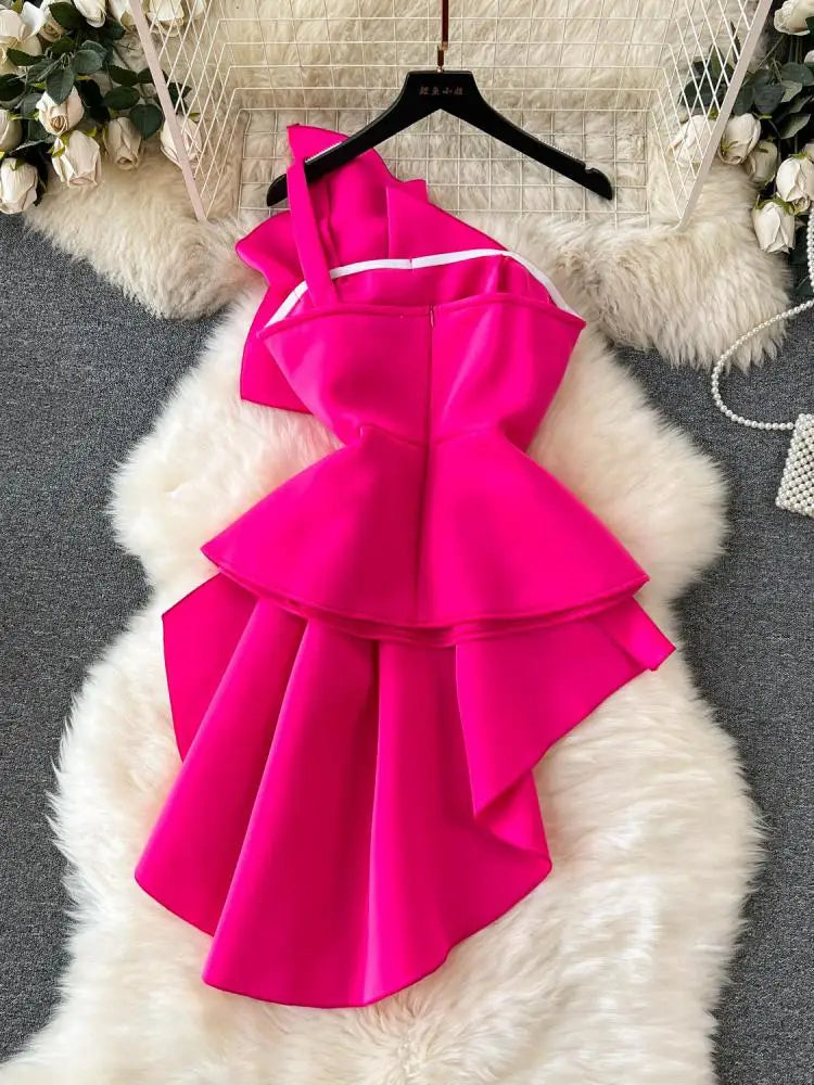 Pink Asymmetry Strapless Zipper Pleated Party Tops Women Sleeveless Ruffles Irregular 2023 Summer Elegant Slim Evening Gowns Top