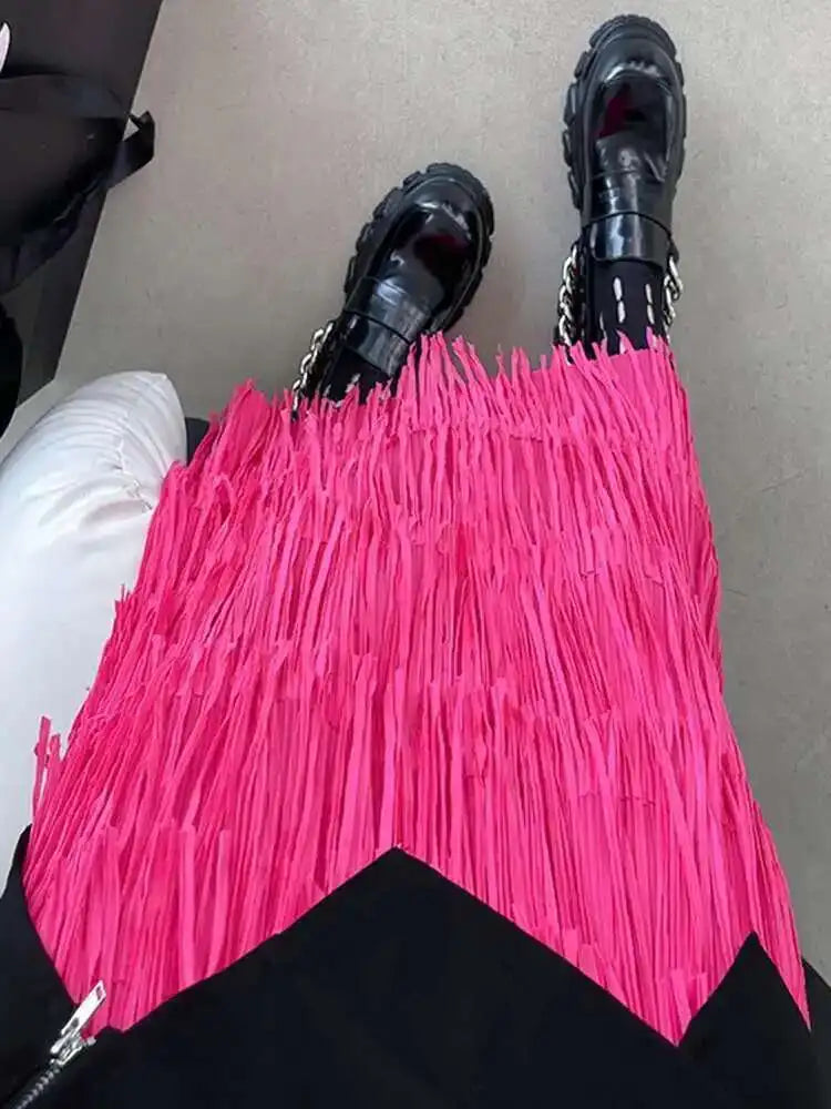 High Elastic Waist Red Pleated Tassels Long Elegant Half-body Skirt Women Fashion Tide New Spring Autumn 2025 1DF8296