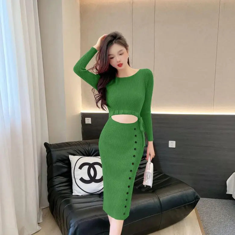 French Women Solid Elegant Festival Hollow Out Knit Dress Autumn Long Sleeve Slim Fashion Drawstring Lace-up Wrap Hip Dress Chic