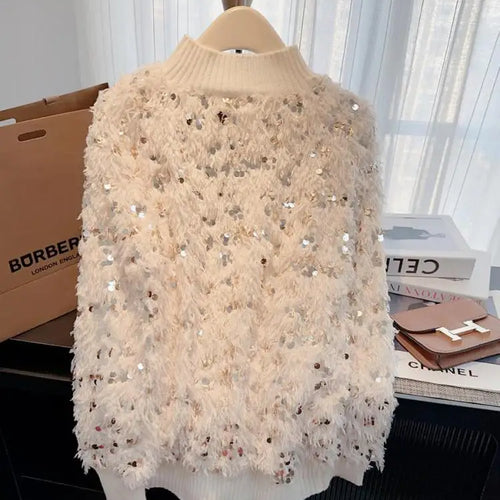 Load image into Gallery viewer, Autumn Winter Sweet Pink Sequins Elegant Round Neck Pullover Short Sweater Women's 2024 New Beige Long Sleeved Loose Knitted Top
