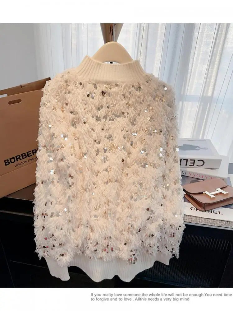 Autumn Winter Sweet Pink Sequins Elegant Round Neck Pullover Short Sweater Women's 2024 New Beige Long Sleeved Loose Knitted Top