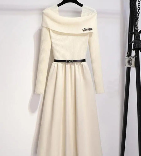 Autumn Winter Black Square Neck Long Sleeve Knitted Dresses Women Beige Elegant High Waist Festival Pleated Dress French Fashion