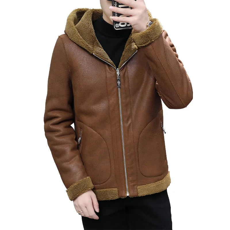 Men's Hooded Winter Fur Fleece Thick Leather Jacket New Casual Vintage Motorcycle Biker Coat Male Brand Design PU Jacket