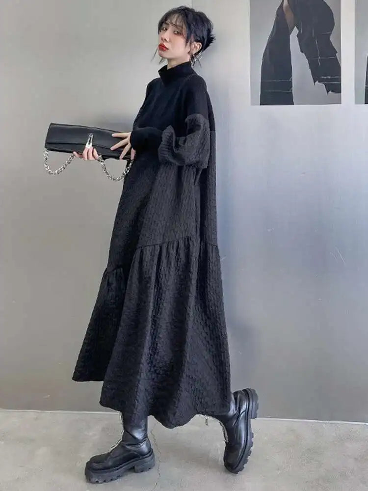 Women Black Knitting Big Size Long Dress New Turtleneck Long Sleeve Loose Fit Fashion Tide Spring Autumn 2025 1DH0797