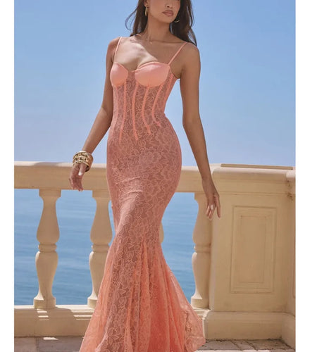 Articat Sexy Lace Mesh Patchwork Fish Bone Spaghetti Strap Long Dress Women's Backless Tight Zipper Party Club Evening Dress2024