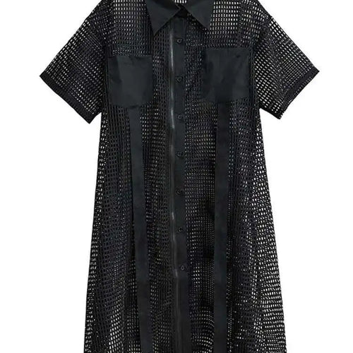 Load image into Gallery viewer, Women Black Mesh Perspective Midi Big Size Shirt Dress New Lapel Short Sleeve Fashion Tide Spring Summer 2025 1DH4934
