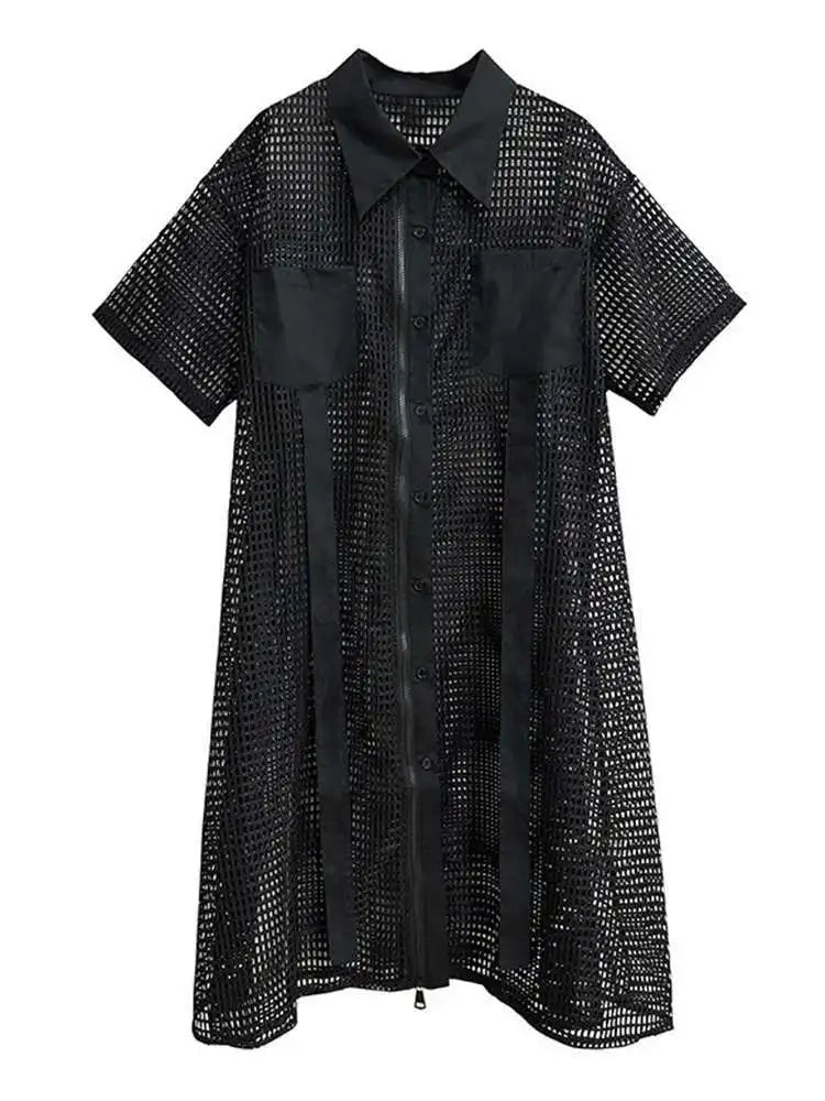 Women Black Mesh Perspective Midi Big Size Shirt Dress New Lapel Short Sleeve Fashion Tide Spring Summer 2025 1DH4934