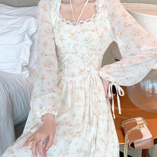 Load image into Gallery viewer, Spring Elegant Women&#39;s Y2K Midi Dress Korean Fashion Retro Sweet Flower Party Full Sleeve Dress Women Casual Lace Dresses
