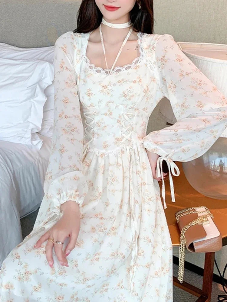 Spring Elegant Women's Y2K Midi Dress Korean Fashion Retro Sweet Flower Party Full Sleeve Dress Women Casual Lace Dresses