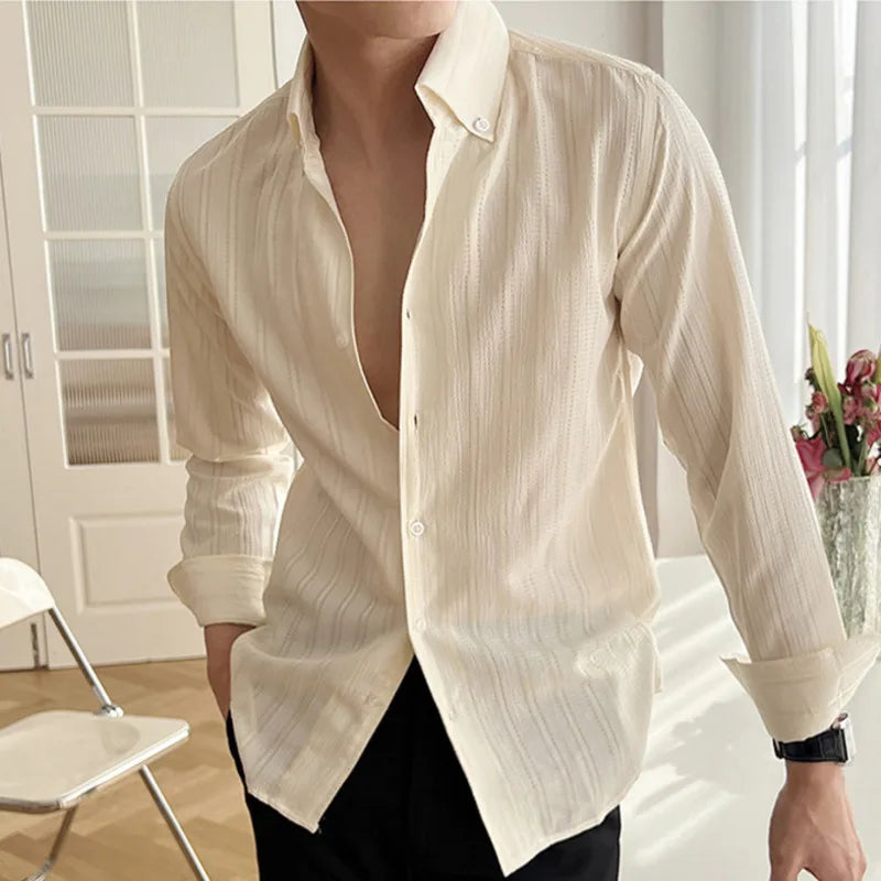 Men's New Spring Shirts Korean Striped Design Loose Long Sleeve Male Clothing Casual Single Breasted Fashion Menwear 9W1576