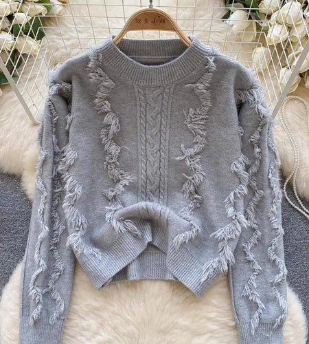 Autumn Winter Solid Loose Tassel Sweater Women Knitted Round Neck Pullover Women Long Sleeve Korean Version Warm Female Tops Y2k