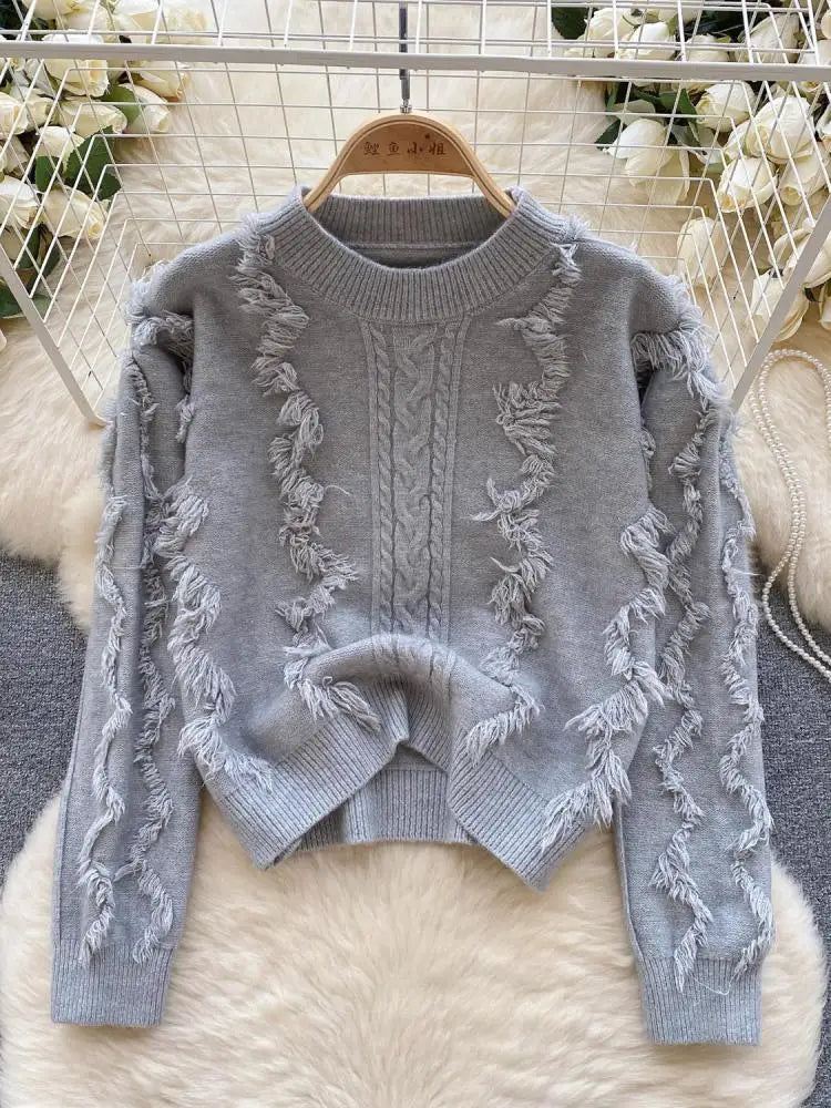 Autumn Winter Solid Loose Tassel Sweater Women Knitted Round Neck Pullover Women Long Sleeve Korean Version Warm Female Tops Y2k