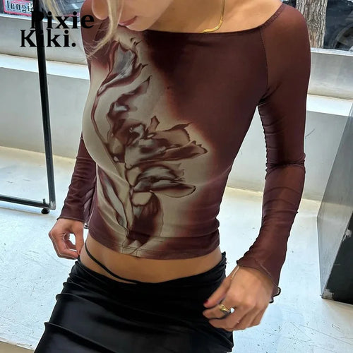 Load image into Gallery viewer, Floral Print Mesh Spliced Long Sleeve Crop Top T Shirts Women Y2k 2000s Vintage Clothes Graphic Tees P85-AI11
