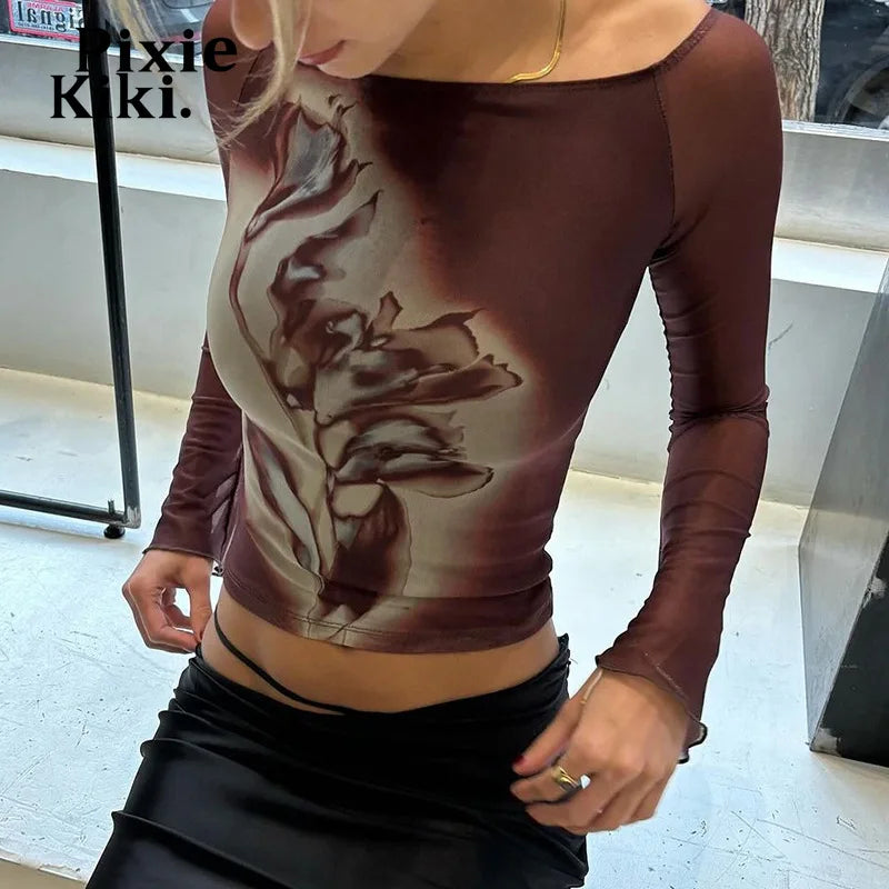 Floral Print Mesh Spliced Long Sleeve Crop Top T Shirts Women Y2k 2000s Vintage Clothes Graphic Tees P85-AI11