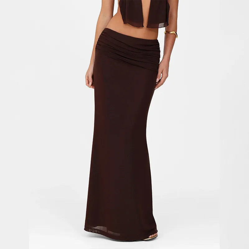 Hollow Out Lace-up Sexy Skirt 2 Piece Sets Women Brown Halter Crop Tops And Maxi Skirt Female Skinny Sexy Two Piece Set