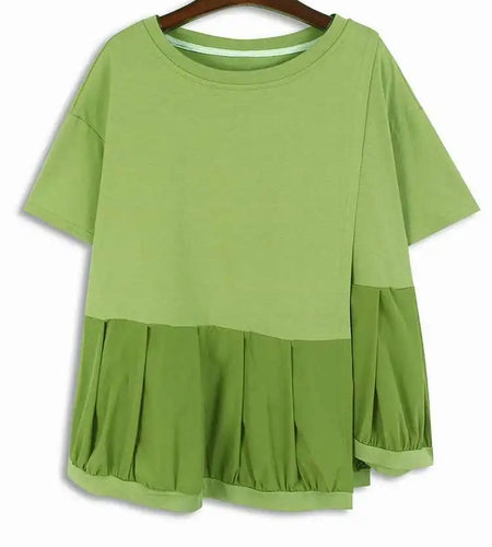 Women Green Irregular Pleated Big Size Casual  T-shirt New Round Neck Short Sleeve Fashion Tide Spring Summer 2025 1DH5855