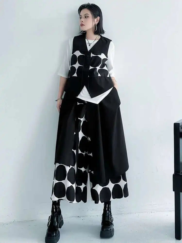 Big Size Black Dot Vest Wide Leg Pants Two Piece Suit New V-Neck Sleeveless Women Fashion Tide Spring Autumn 2025 1DJ1039
