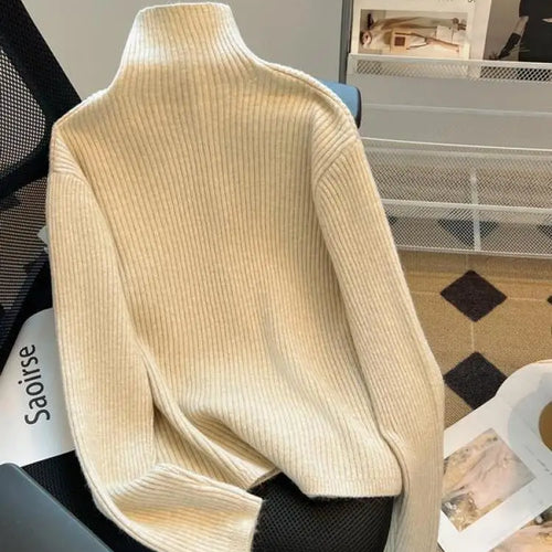 Load image into Gallery viewer, Women Beige Elegant Knitted Half High Neck Sweater Autumn Winter Pink Basic Slim Single Breasted Pullovers Tops Simplicity Retro
