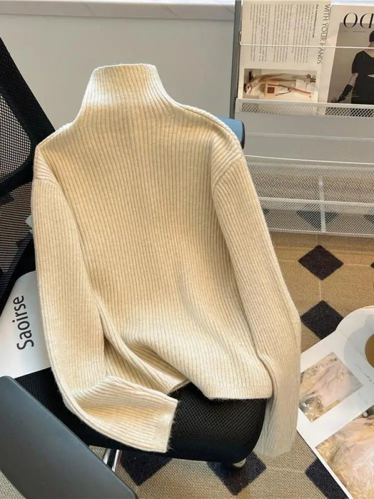 Women Beige Elegant Knitted Half High Neck Sweater Autumn Winter Pink Basic Slim Single Breasted Pullovers Tops Simplicity Retro