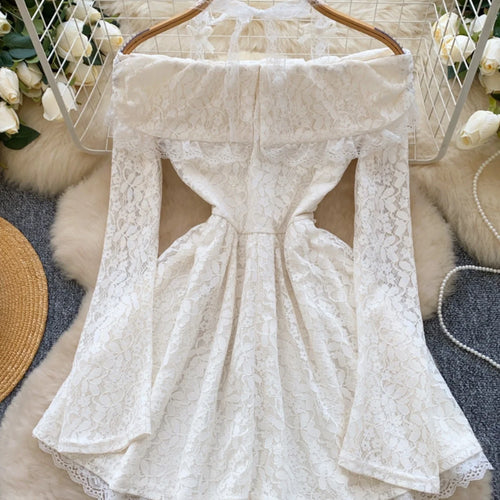 Load image into Gallery viewer, Vintage Women White Lace Elegant Off Shoulder Halter Lace-up Pleated Short Dress Spring High Waist Sexy Party Dress Popular Chic
