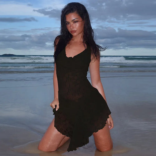 Load image into Gallery viewer, See Through Lace Halter Sexy Mini Dress Women Robe Halter Deep V Neck Backless Draped Ruffled Club Party Beach Dress
