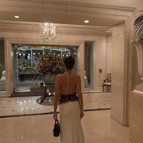 Load image into Gallery viewer, Summer Backless Sexy Maxi Dress Women Gown Patchwork Lace Halter Deep V Neck Sleeveless High Waist Elegant Long Dress
