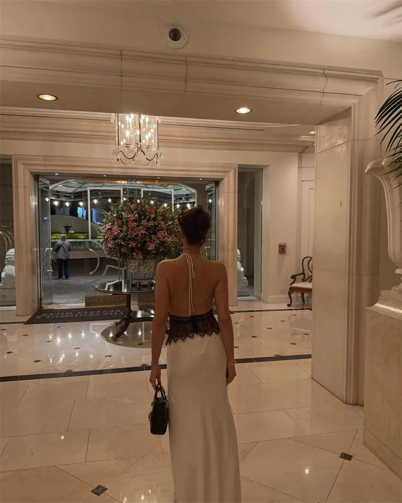 Summer Backless Sexy Maxi Dress Women Gown Patchwork Lace Halter Deep V Neck Sleeveless High Waist Elegant Long Dress