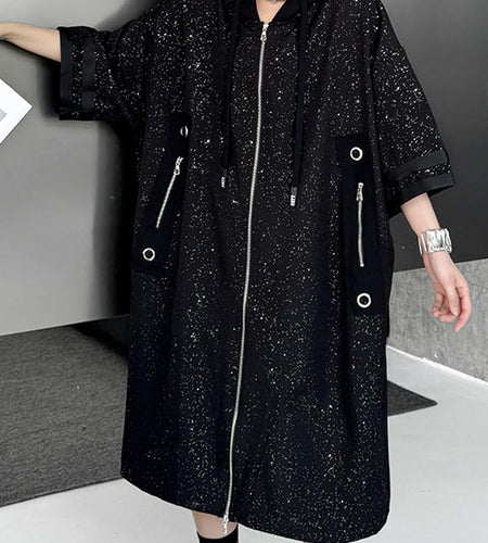 Women Black Shining Big Size Long Trench New Hooded Long Sleeve Windbreaker Fashion Tide Spring Autumn 2025 1DJ0796