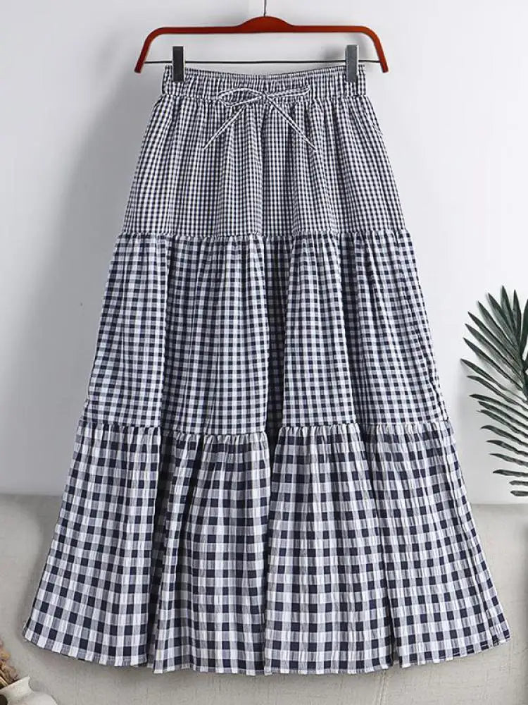 Skirt Womens Medium Long Elastic Waist A-line Vintage Plaid Skirts Female Summer Streetwear Casual Skirts Fashion 2022 New