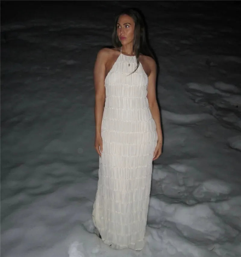 Halter Backless Sexy Maxi Dress For Women Spring Summer New Lace-up Sleeveless Pleated Beach Holiday Long Dress Elegant