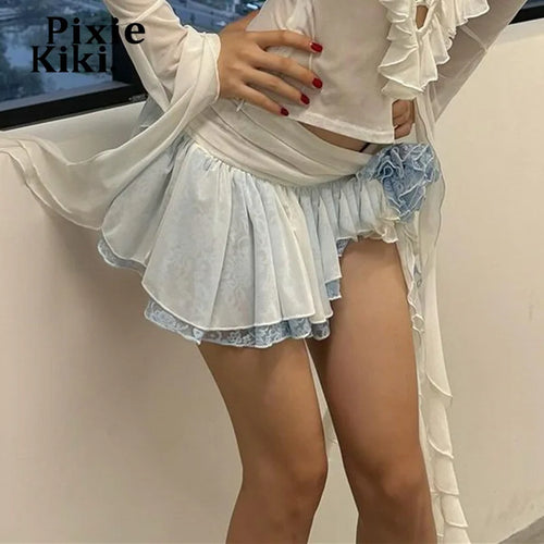 Load image into Gallery viewer, Y2k Summer Sexy Asymmetrical Skirt Low Waist Floral Applique Ruffle Micro Mini Skirts Ropa Coquette Aesthetic P33-CB16
