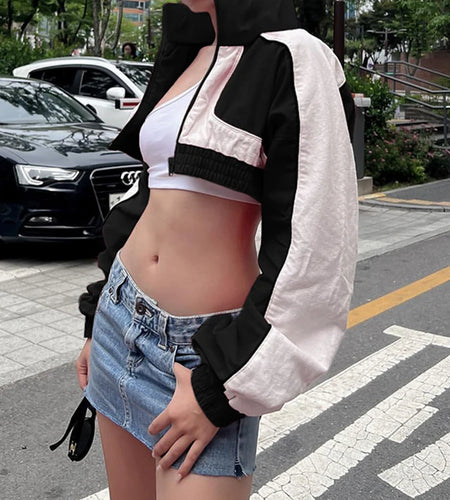 Streetwear Patchwork Zip Up Autumn Jacket Female Moto&Biker Style Turtleneck Short Trench Coat Contrast Color Outfits