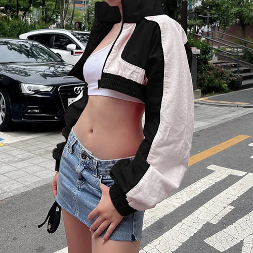 Load image into Gallery viewer, Streetwear Patchwork Zip Up Autumn Jacket Female Moto&amp;Biker Style Turtleneck Short Trench Coat Contrast Color Outfits
