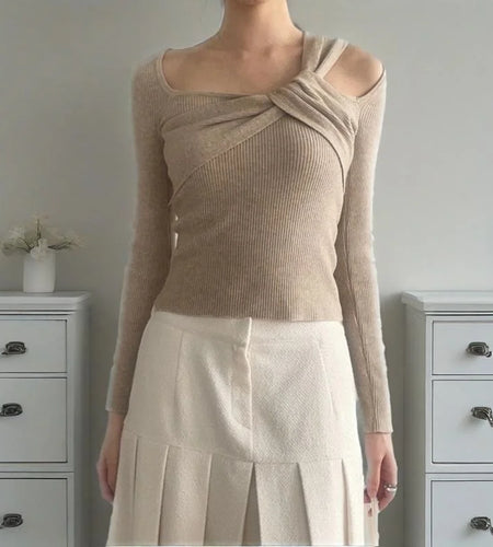 y2k Crop Tops Women Sexy Clothes Hollow Out Asymmetric Twist Front Square Neck Long Sleeve Knitted T Shirts Streetwear