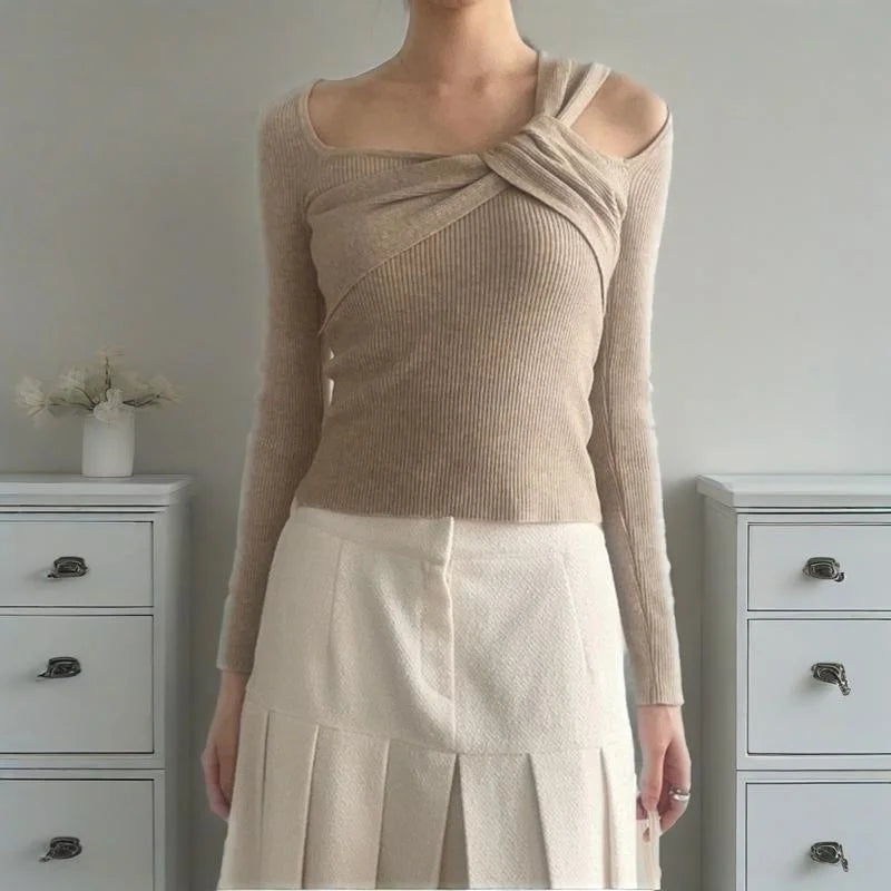 y2k Crop Tops Women Sexy Clothes Hollow Out Asymmetric Twist Front Square Neck Long Sleeve Knitted T Shirts Streetwear