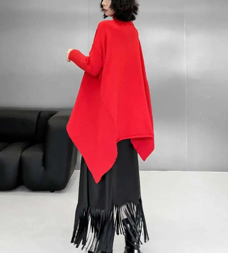 Red Irregular Big Size Knitting Sweater Turtleneck Long Sleeve Women Pullovers New Fashion Tide Spring Autumn 2025 1DH9445