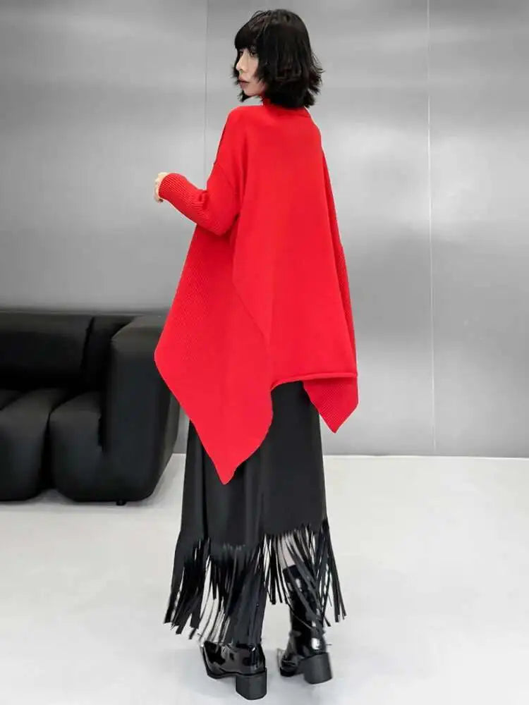 Red Irregular Big Size Knitting Sweater Turtleneck Long Sleeve Women Pullovers New Fashion Tide Spring Autumn 2025 1DH9445