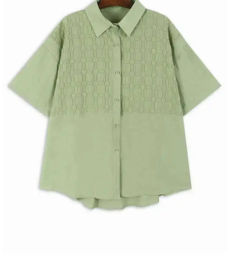 Women Green Plaid Pleated Big Size Casual Blouse New Lapel Short Sleeve Shirt Fashion Tide Spring Summer 2025 1DH6308