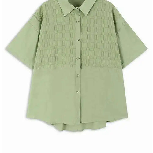 Load image into Gallery viewer, Women Green Plaid Pleated Big Size Casual Blouse New Lapel Short Sleeve Shirt Fashion Tide Spring Summer 2025 1DH6308
